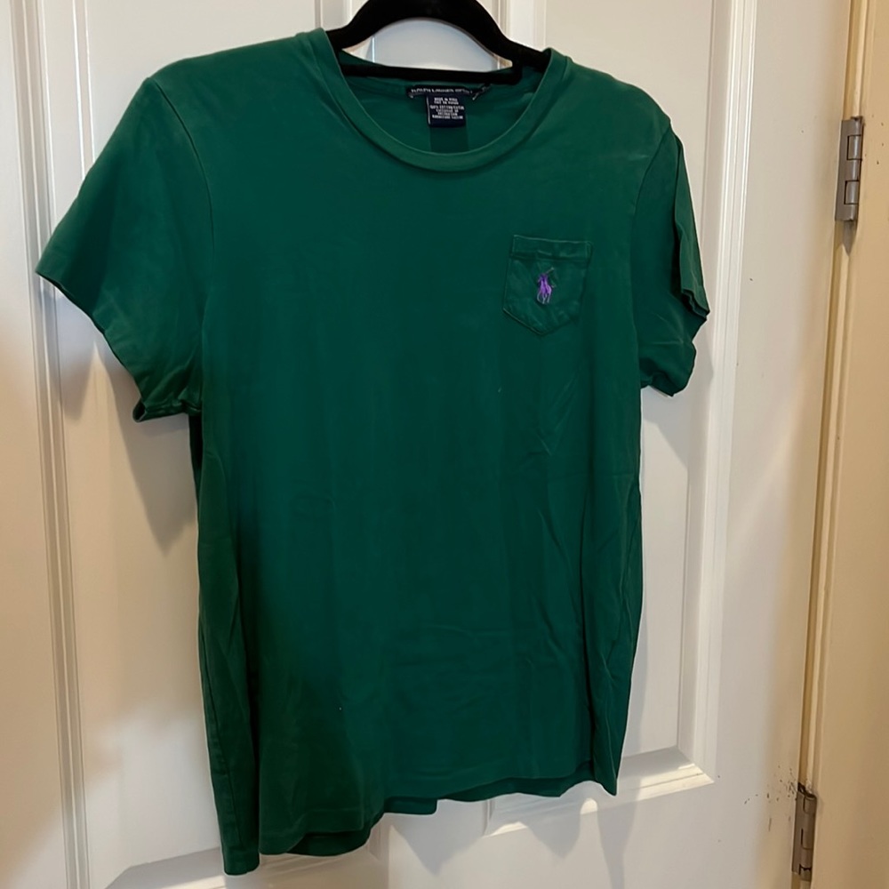 Ralph Lauren sport pocket tee, hunter green with purple logo